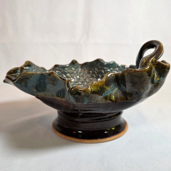 Other - Handmade Studio Pottery Teal Brown Textured Pedestal Handle Bowl Artisan Signed